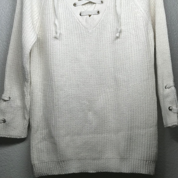 Cream Lace Up Rib Oversized Knit Sweater - Picture 10 of 11